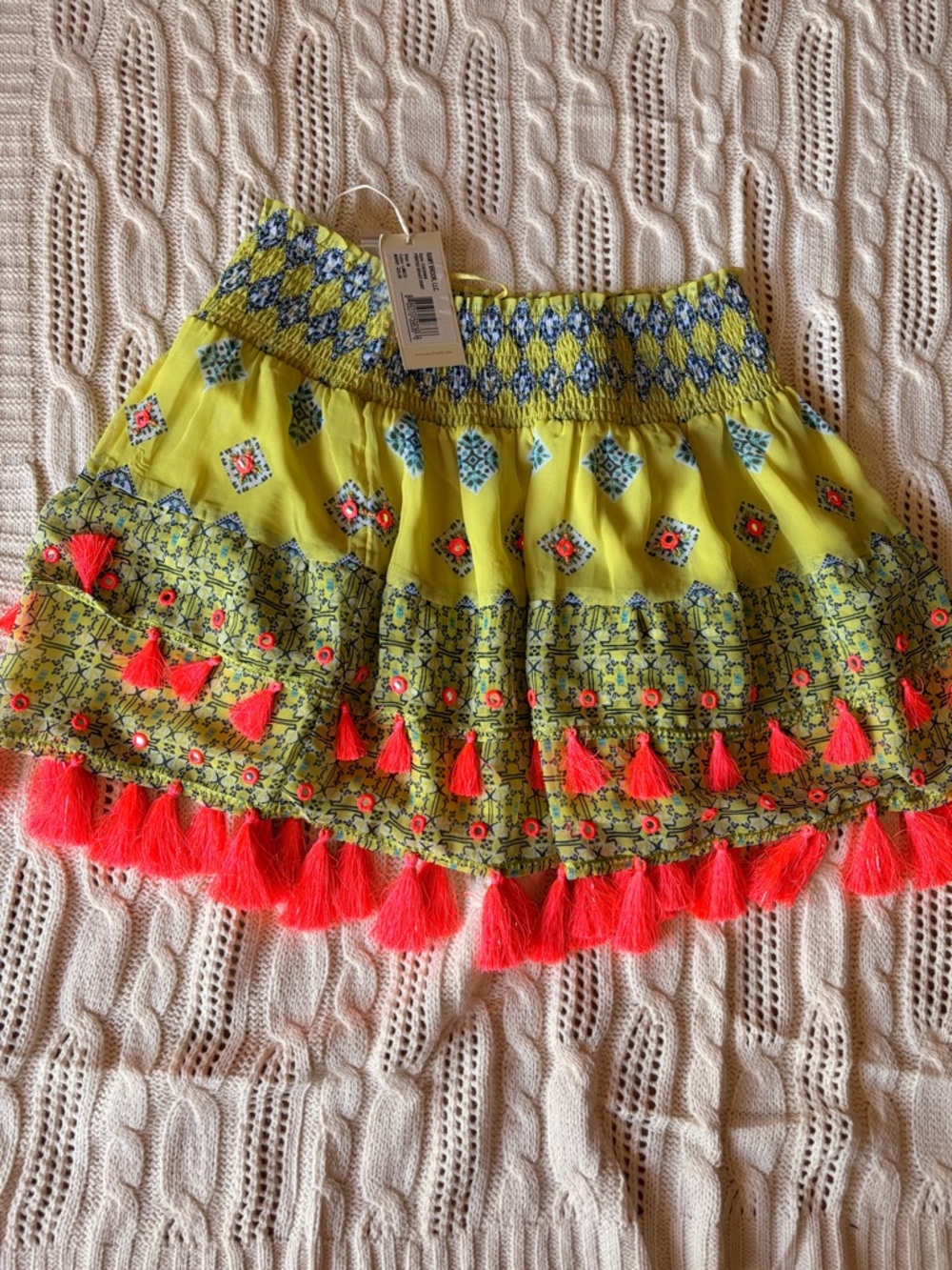 Ramy Brook Lime Tassel Skirt with Coral Accents